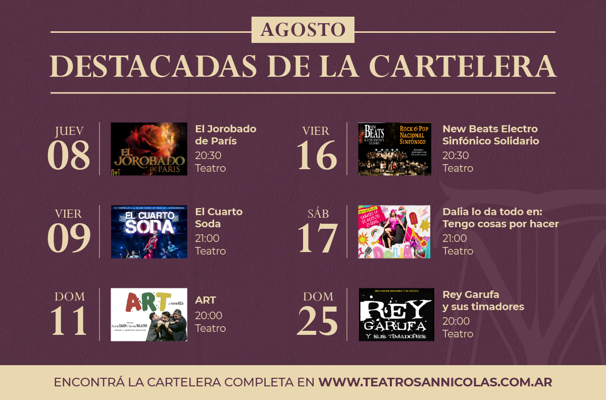 Lee más sobre el artículo Cartelera de agosto en el Teatro San Nicolás