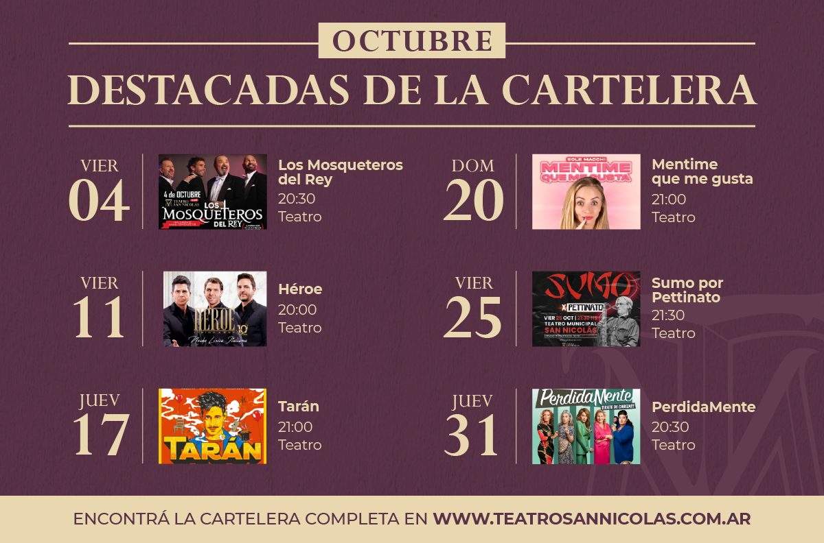 Lee más sobre el artículo Cartelera de octubre en el Teatro San Nicolás